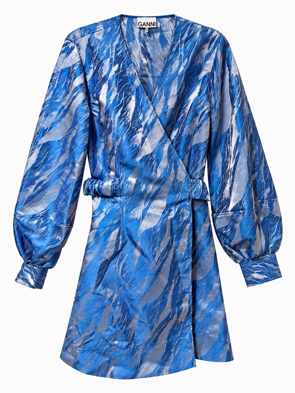 Ganni Blue Marble-Print Satin Wrap Dress